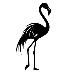 Obraz premium Silhouette of a Standing Flamingo, Black and white silhouette of a flamingo standing, highlighting its long neck, legs, and distinctive beak.