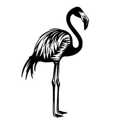 Silhouette of a Standing Flamingo, Black and white silhouette of a flamingo standing, highlighting its long neck, legs, and distinctive beak.