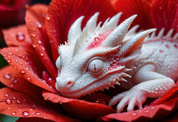 White dragon sleeping in red flower