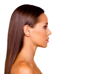 Portrait of well-groomed charming adorable good-looking brunette hair lady with her naked shoulders she isolated on pastel beige background with copy space for text