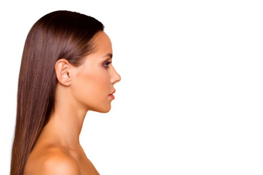 Portrait of well-groomed charming adorable good-looking brunette hair lady with her naked shoulders she isolated on pastel beige background with copy space for text