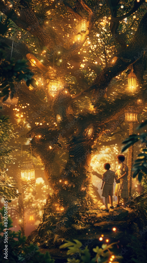 Poster two children stand in awe, gazing at an ancient tree adorned with glowing lanterns in a lush forest 
