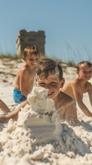 A group of children happily playing in the sand at the beach on a sunny day, building sandcastles and running around