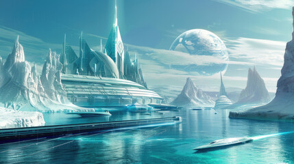 A futuristic scene featuring massive icebergs floating in the ocean, with sleek ships navigating through the icy waters