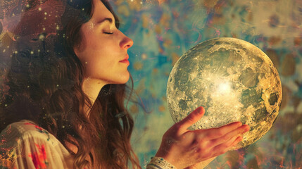 Naklejka premium A woman with closed eyes holds a glowing moon-shaped orb, surrounded by a dreamy, colorful backdrop, creating a mystical atmosphere