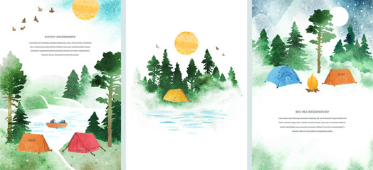 Touristic camp with tents. Set watercolor vector templates with tents, mountains, boat, bonfire, river, forest and space for text. Travel concept. Illustrations for print, book, banner, card, flyer
