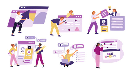 Software testing process. People looking for mistakes and web bugs in applications and computer programs. QA engineering. Programmers finding errors with magnifiers. Garish vector set