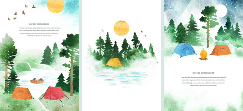 Touristic camp with tents. Set watercolor vector templates with tents, mountains, boat, bonfire, river, forest and space for text. Travel concept. Illustrations for print, book, banner, card, flyer