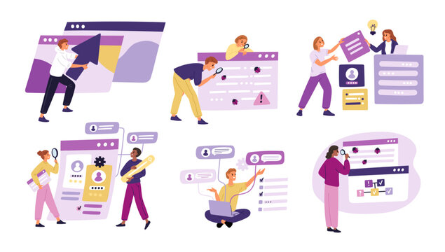 Software testing process. People looking for mistakes and web bugs in applications and computer programs. QA engineering. Programmers finding errors with magnifiers. Garish vector set