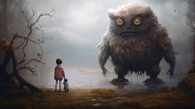 a large, cute swamp monster standing in front of two children, fantasy illustration style