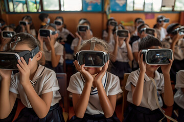 A group of school kids using virtual reality goggles for classroom learning. Using technology in education.