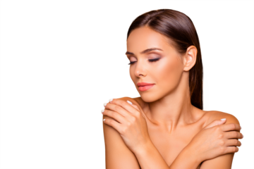 Close up picture of leisure lifestyle good-looking lovely charming pretty brown-haired lady hug her naked shoulders she close eyes isolated on pastel beige background with copy space for text