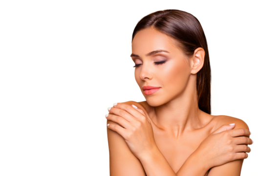 Close up picture of leisure lifestyle good-looking lovely charming pretty brown-haired lady hug her naked shoulders she close eyes isolated on pastel beige background with copy space for text