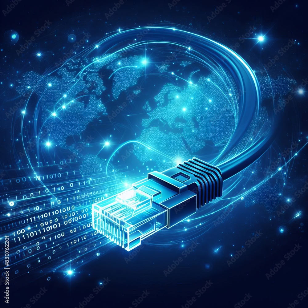 Poster artistic depiction of a digital network cable wrapped around a glowing earth, representing global co