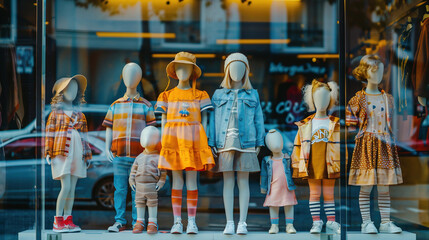 children's mannequins in clothes. Mannequins stand at full height in a store window