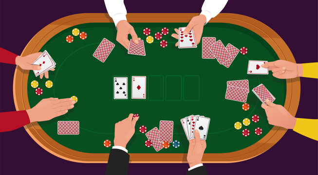 Poker hands. People play at gambling table in casino. Desk top view. Human arms hold and lay out playing cards. Dark room. Players and croupier fingers. Lucky gambles vector concept