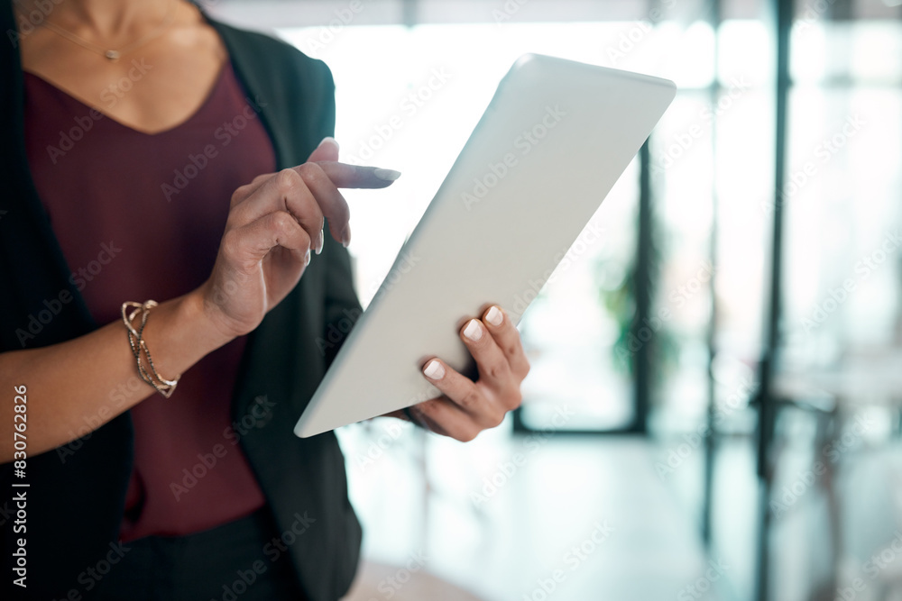 Aufkleber hands, social media business and typing with tablet in office background for communication. employee