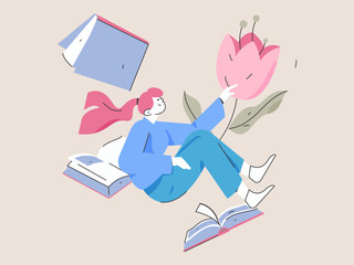 World Book Day Reading Character Flat Vector Concept Operation Hand Drawn Illustration
