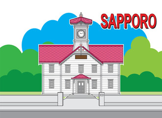Symbol of Sapporo Hokkaido Japan – Sapporo clock tower or Sapporo Tokeidai with landscape and background drawing in colorful cartoon vector