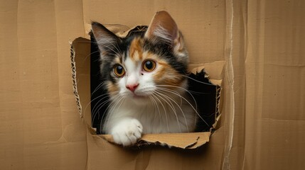 A tricolor cat emerging from a hole in cardboard representing shadows