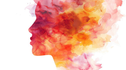 Watercolor painting depicting the head of a woman in vibrant colors and intricate details