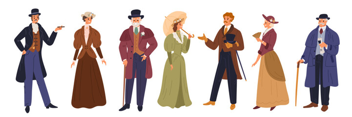 Gentlemen and ladies. Male and female fashion of 19th century in Europe. Aristocratic gowns and costumes. Victorian outfit. Women classic dress. Men tuxedo and hat. Garish vector set