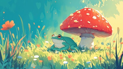 A charming cartoon frog seeks refuge beneath a vibrant red mushroom
