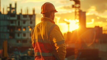 A construction worker inspecting completed work, close up, quality control theme, realistic, overlay, finished building backdrop