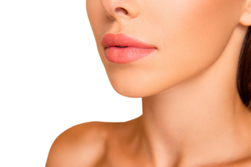 Profile side view cropped close up photo of dreamy sweet well-groomed lady with her naked shoulder she isolated on pastel beige background stand half turn to camera focus on lips
