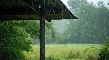 Rainfall on the farm Enjoying a heavy rain while sitting under a shelter as the rain hits the metal roof