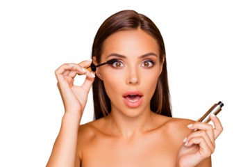 Close up portrait of lady with open mouth staring eyes her naked shoulders she look at mirror or camera isolated on pastel beige background