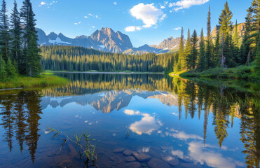 A serene mountain landscape with towering peaks and lush greenery around the crystal clear lake. Created with Ai