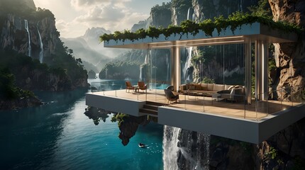 A futuristic floating balcony overlooking a breathtaking landscape of floating islands and cascading waterfalls ai_generated
