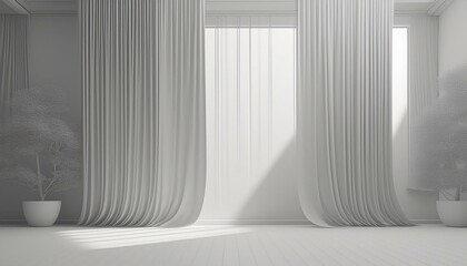 Minimalistic abstract gentle light grey background for product presentation with light and shadow of window curtains on wall.