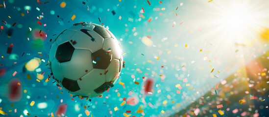 Soccer ball and colorful confetti explosion concept banner background