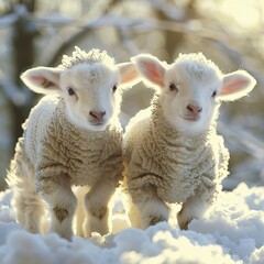 Winter Wonders: Two Lambs Frolicking in a Snowy Landscape