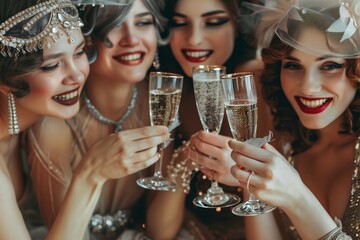 Roaring Twenties Style: Elegant Flapper Women at Vintage Champagne Party