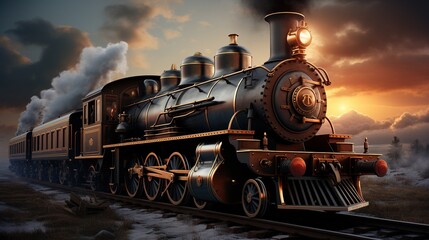 Naklejka premium A Steam Train Chugging Through a Snow Covered Forest