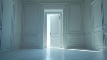 Doorway in the center of the frame opening up onto a vast white space, inviting the viewer.
