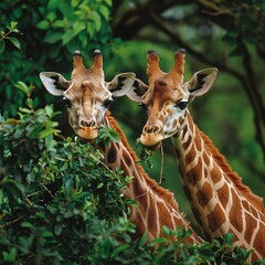 Fototapeta premium A Pair of Giraffes Grazing in a Natural Environment