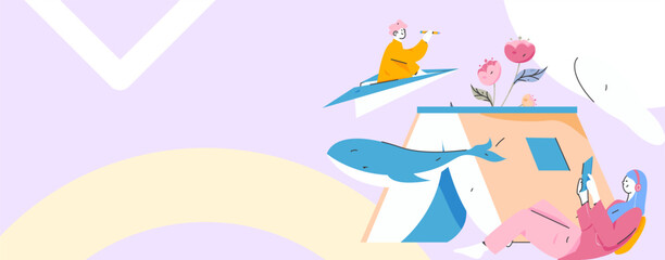 World Book Day Reading Character Flat Vector Concept Operation Hand Drawn Illustration
