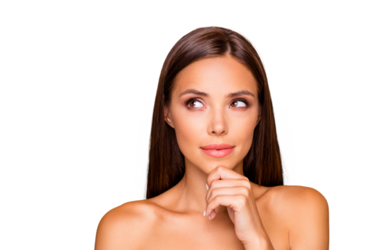 Close up photo of cute nice sweet lovely pretty lady with her naked shoulders she isolated on pastel beige background with copy space for text look aside hold chin by hand