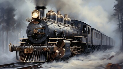 Naklejka premium A Steam Train Chugging Through a Snow Covered Forest