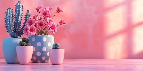 Stylish Pink Interior with Cactus Planters and Blue Vases