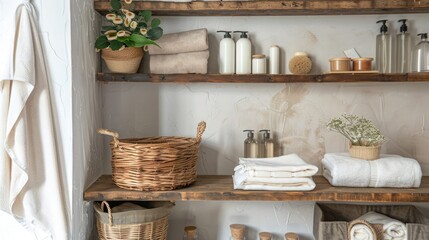 Clean and stylish bathroom room interior design with towel and wooden furniture