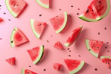 A juicy red slice of ripe watermelon isolated on a pink background