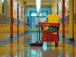Janitorial cart with mop, bucket, and cleaning supplies, in a school hallway