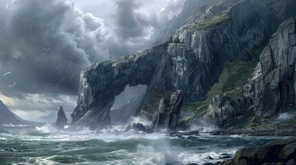A rugged shoreline featuring a sizable rocky structure with a small opening with turbulent waters and a cloudy sky - Powered by Adobe