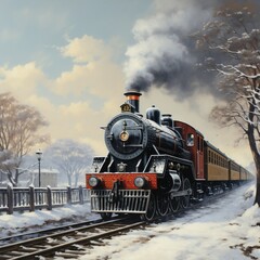 Naklejka premium A Steam Train Chugging Through a Snow Covered Forest