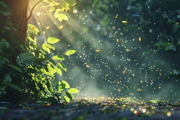 Sunlight Filtering Through Forest Canopy with Falling Leaves and Insects